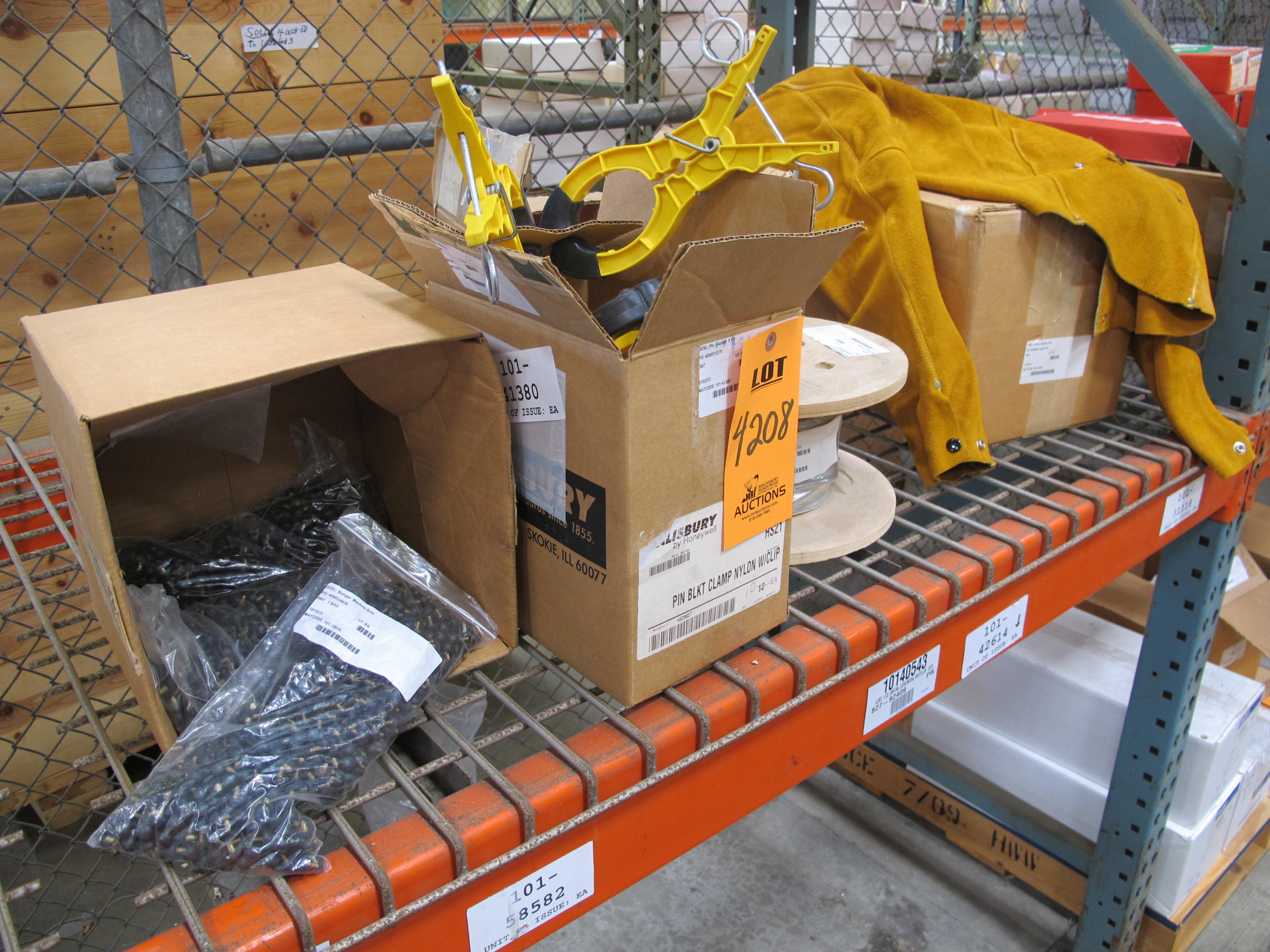 LOT TO INCLUDE: (3 BAGS) BUMPERS, MACHINE SCREW KIND, 0.438" DIA X 6-32 THREADS SIZE, VARIOUS COLORS. 1000 BUMPERS PER BAG, (8) INSULATORS, 4" DIA X 3" LG SIZE, HANGER CLAMP KIND, FIBERGLASS REINFORCED POLYESTER MATERIAL. 5KV USE WITH HANGER CLAMP PT# 11370, (2) JACKETS, MEDIUM SIZE, WELDERS KIND, LEATHER MATERIAL. 22" LG BODY, (1) CABLE, INSTRUMENTATION KIND, 8 CONDUCTOR OTHER, 24 AWG. SIZE. TINNED COPPER, S-R PVC INSULATED CONDUCTORS CABLED, BELDFOIL ALUM. LOADING & HANDLING FEE $15-4208